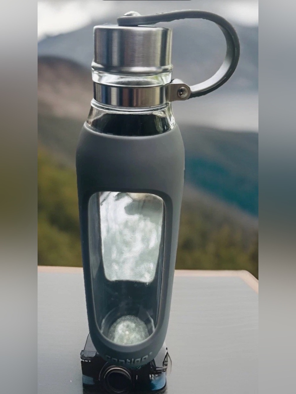 Contigo Glass Water Bottle Gray Silicone Sleeve Stainless Steel Attached Lid Cap
